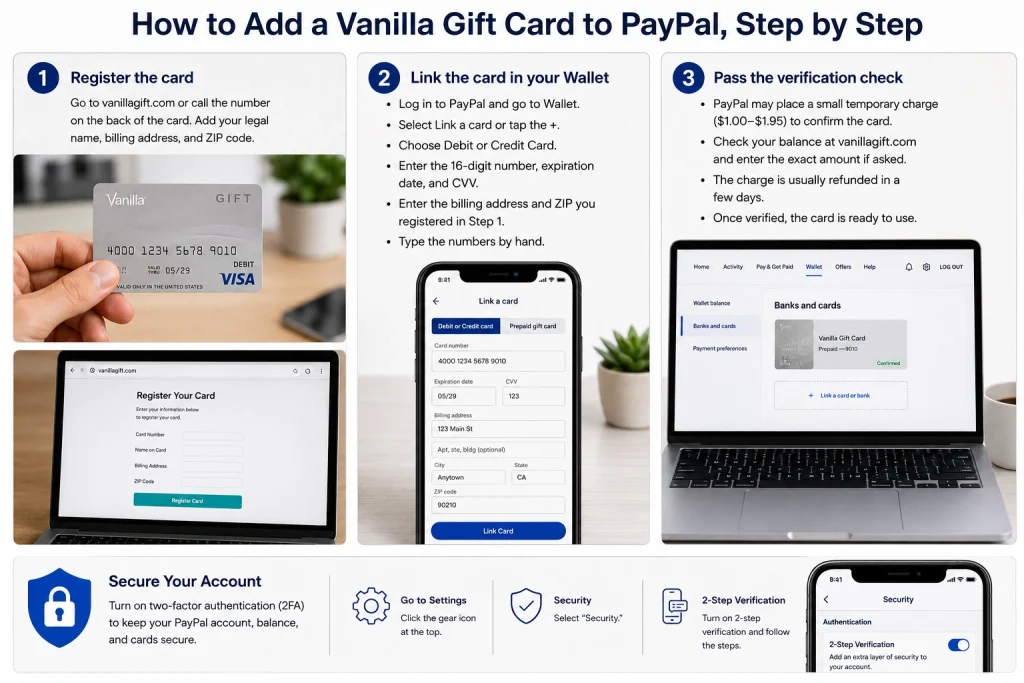 Screenshot of the PayPal Wallet link-a-card form used to add a Vanilla Gift Card as a payment method.