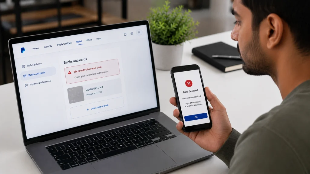 A person reviews a declined Vanilla Gift Card notification on their phone and laptop while trying to link it to PayPal.