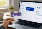 A hand holds a prepaid Visa gift card beside a laptop showing a PayPal wallet, illustrating how to transfer money from a Vanilla Gift Card to PayPal.