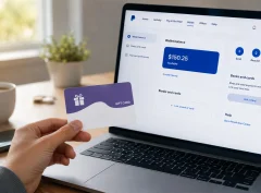 A hand holds a prepaid Visa gift card beside a laptop showing a PayPal wallet, illustrating how to transfer money from a Vanilla Gift Card to PayPal.