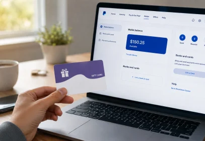 A hand holds a prepaid Visa gift card beside a laptop showing a PayPal wallet, illustrating how to transfer money from a Vanilla Gift Card to PayPal.