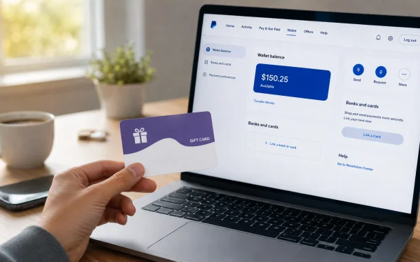 A hand holds a prepaid Visa gift card beside a laptop showing a PayPal wallet, illustrating how to transfer money from a Vanilla Gift Card to PayPal.