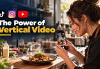 Restaurant owner filming a dish with her phone held upright to record a vertical video.