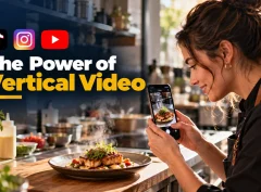 Restaurant owner filming a dish with her phone held upright to record a vertical video.