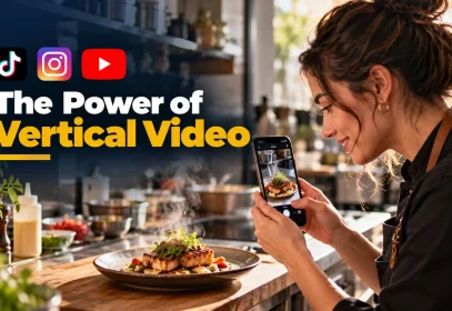 Restaurant owner filming a dish with her phone held upright to record a vertical video.