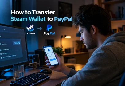 A man at a desk at night looks at his phone while a monitor shows a store credit balance, illustrating the problem behind a steam wallet to paypal transfer.