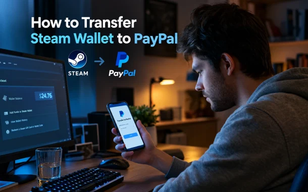 A man at a desk at night looks at his phone while a monitor shows a store credit balance, illustrating the problem behind a steam wallet to paypal transfer.
