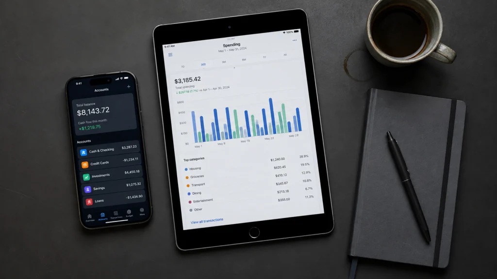 Budgeting apps displayed across a phone and tablet, representing the apps that support linking a PayPal account through Plaid