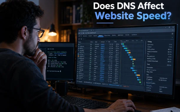 A developer studying a browser network waterfall chart with timing breakdowns on one monitor and a terminal on another.