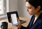 A woman reviewing an account linking screen on her phone while checking whether PayPal is on Plaid in a budgeting app