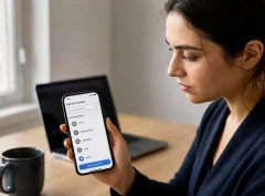A woman reviewing an account linking screen on her phone while checking whether PayPal is on Plaid in a budgeting app