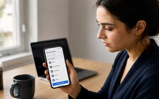 A woman reviewing an account linking screen on her phone while checking whether PayPal is on Plaid in a budgeting app