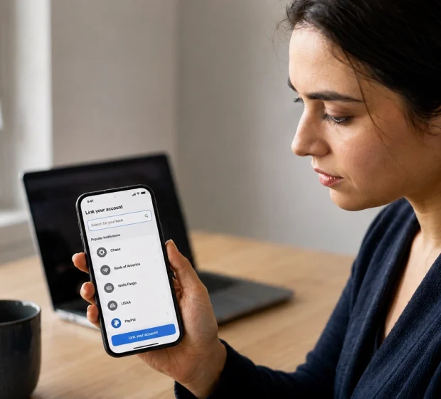A woman reviewing an account linking screen on her phone while checking whether PayPal is on Plaid in a budgeting app