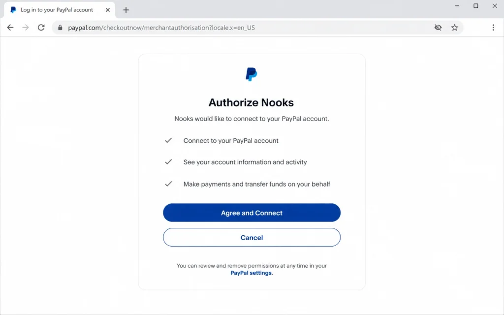 A browser address bar showing the PayPal domain on the authorization page reached during a Plaid connection