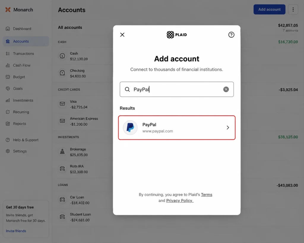 A Plaid institution search field showing the PayPal result returned when checking whether PayPal is on Plaid