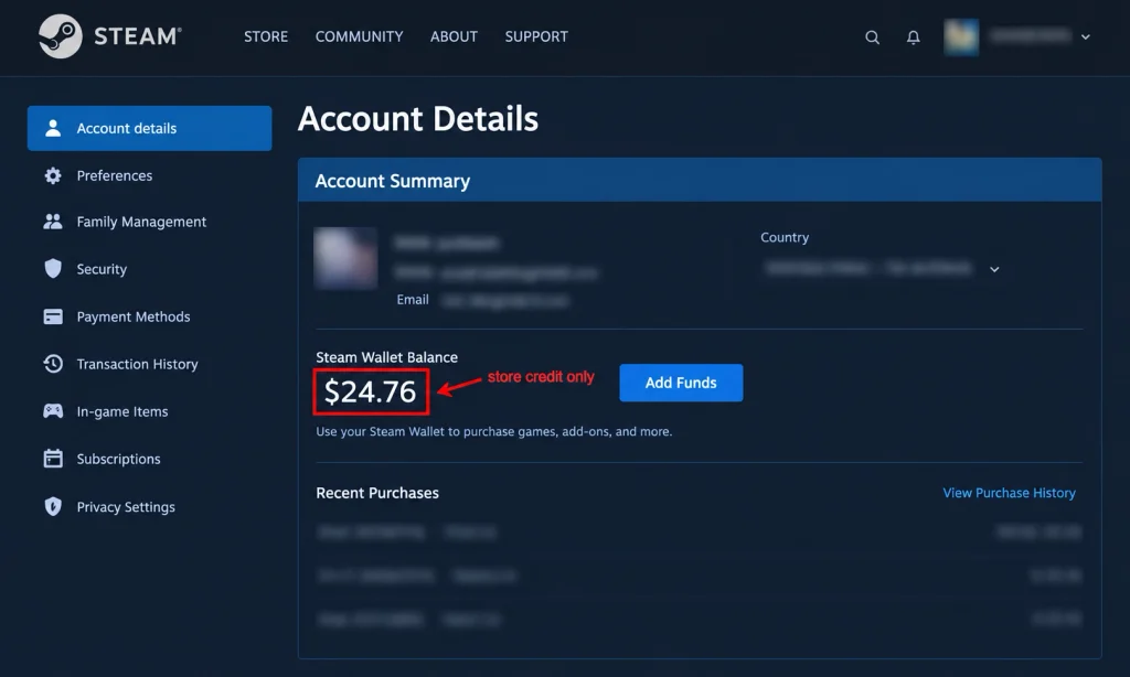 The Steam Account details page with the Steam Wallet balance highlighted and account identifiers blurred.