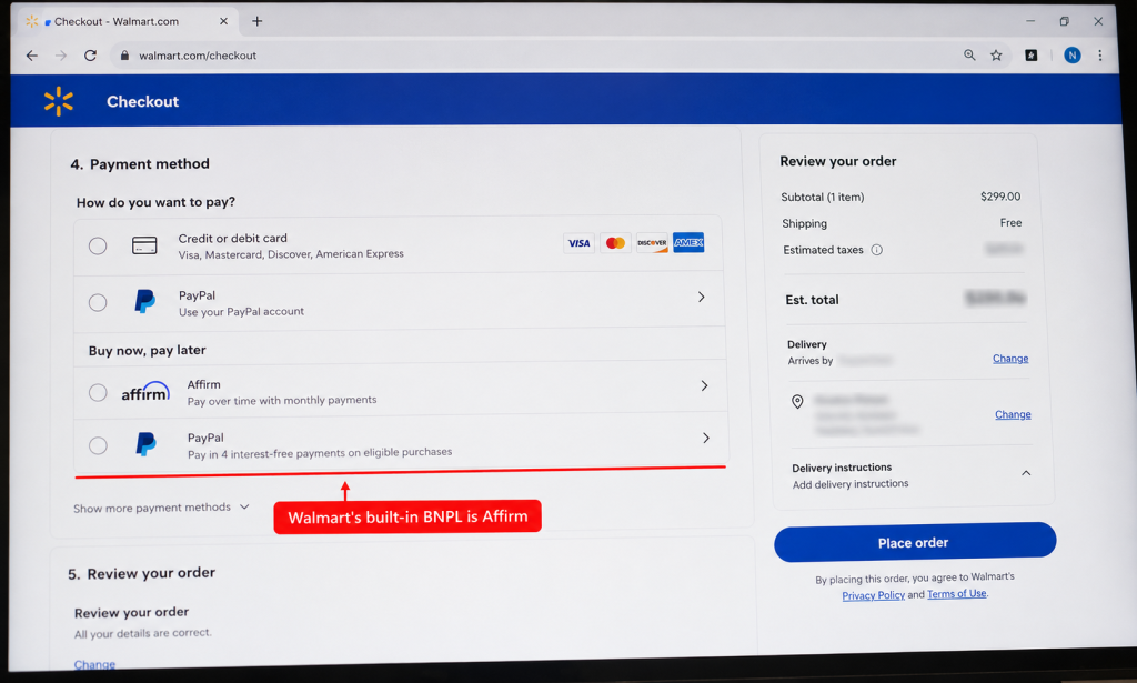 Walmart online checkout payment step showing Affirm as the built-in buy now pay later option alongside PayPal.