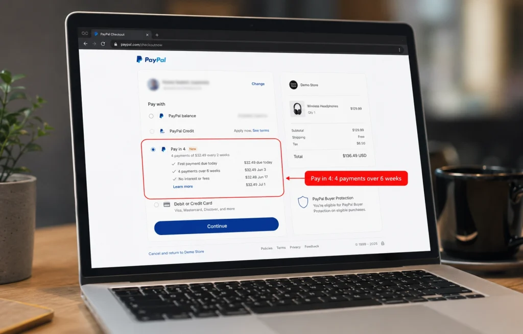 PayPal checkout screen showing the Pay in 4 option and its four-payment schedule for an eligible online purchase.
