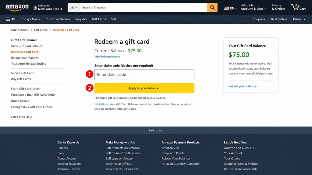 The Amazon redeem a gift card screen with the claim code field and apply button highlighted.