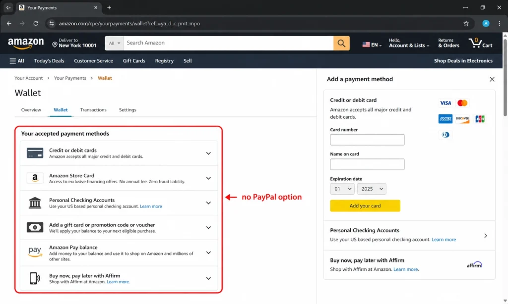 The Amazon wallet settings page showing card and bank options with no PayPal option available.
