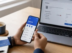 A person compares a phone wallet balance and a laptop checkout page while working out how to buy an Amazon gift card with PayPal.