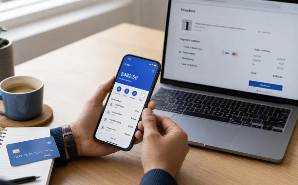A person compares a phone wallet balance and a laptop checkout page while working out how to buy an Amazon gift card with PayPal.