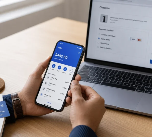 A person compares a phone wallet balance and a laptop checkout page while working out how to buy an Amazon gift card with PayPal.