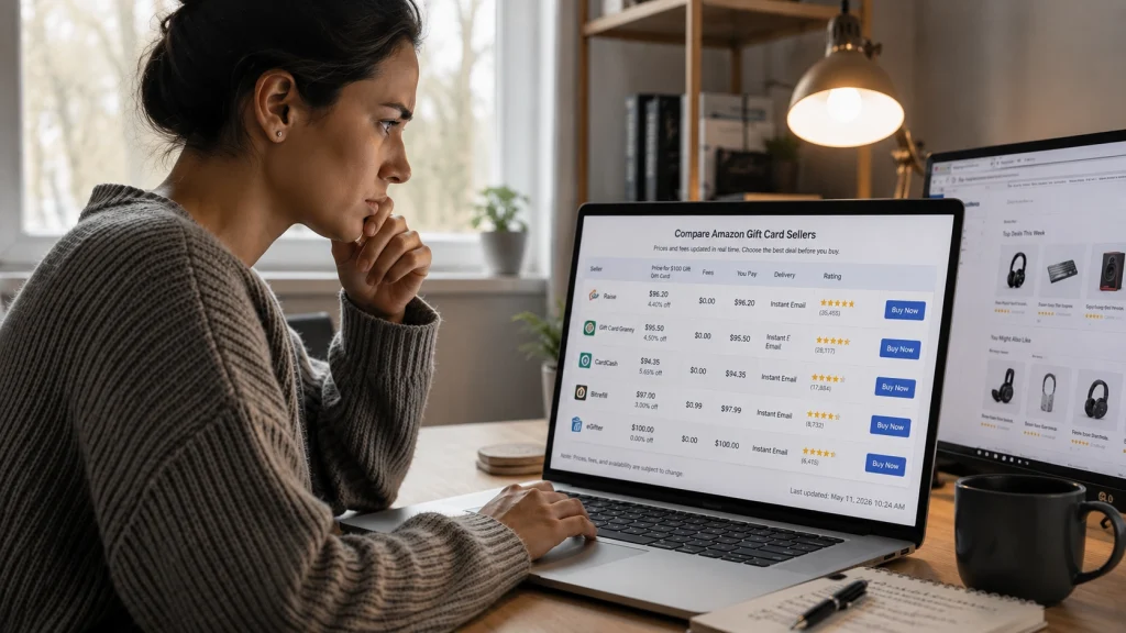 comparing gift card seller websites on a laptop before choosing where to buy an Amazon gift card with PayPal