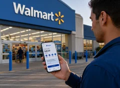 Shopper outside a retail store holding a phone with a digital wallet, illustrating whether Walmart accepts PayPal and PayPal Pay in 4.