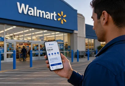 Shopper outside a retail store holding a phone with a digital wallet, illustrating whether Walmart accepts PayPal and PayPal Pay in 4.