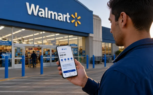Shopper outside a retail store holding a phone with a digital wallet, illustrating whether Walmart accepts PayPal and PayPal Pay in 4.