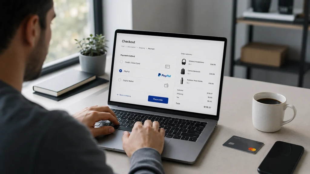 Person selecting PayPal at an online store checkout on a laptop, showing how PayPal works for Walmart online orders.