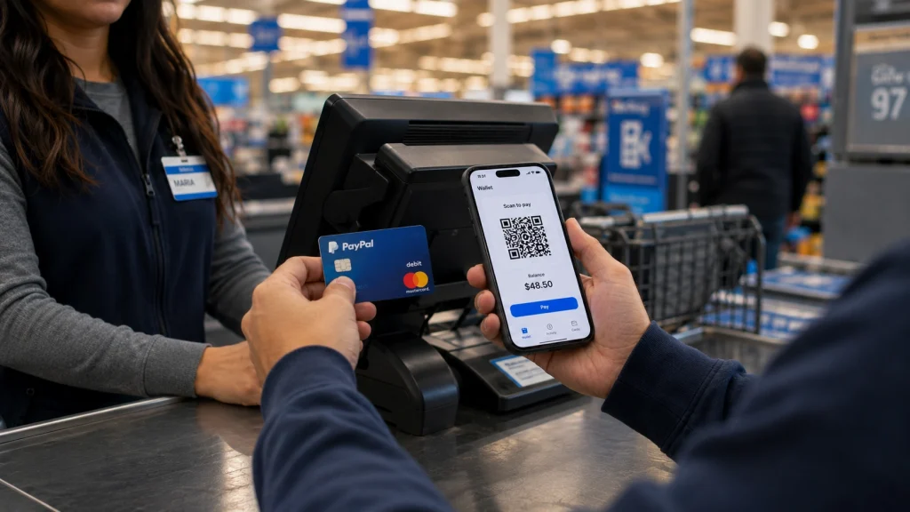 Shopper at a store register using a PayPal-linked card and a QR code on a phone for an in-store purchase.