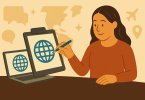 Illustration of a designer creating a culturally adaptable logo for international branding, highlighting global design considerations and cross-cultural appeal.