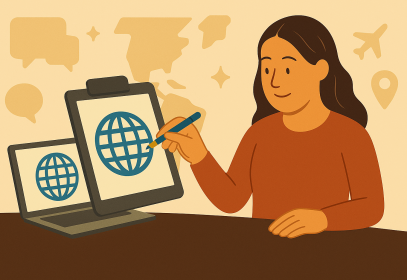 Illustration of a designer creating a culturally adaptable logo for international branding, highlighting global design considerations and cross-cultural appeal.