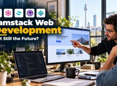 Developers reviewing a fast Jamstack website on a large monitor.