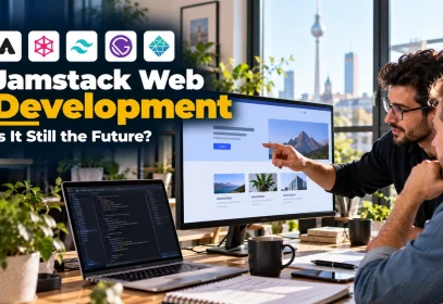 Developers reviewing a fast Jamstack website on a large monitor.