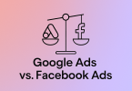 Minimalist balance scale graphic comparing Google Ads and Facebook Ads PPC strategies for 2025
