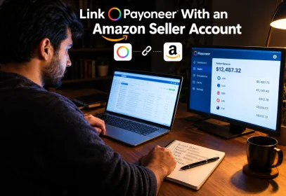 A seller at a desk copying payment account details between a notebook and two browser windows showing a payment dashboard.