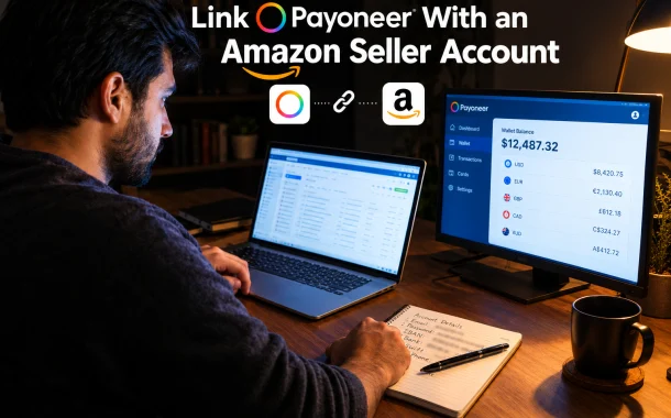 A seller at a desk copying payment account details between a notebook and two browser windows showing a payment dashboard.