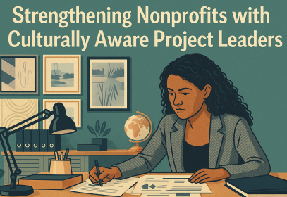 Focused nonprofit leader working on community-based project plans in a culturally informed office setting