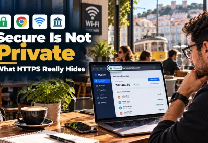 Remote worker on café Wi-Fi checking a secure site with a padlock in the browser.
