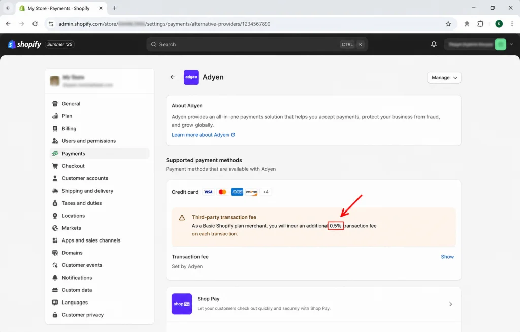 The Shopify admin payments settings screen showing the additional third-party transaction fee warning that appears when selecting an external gateway.