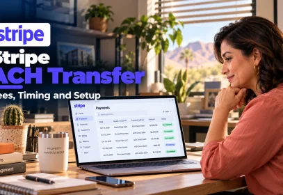Angela, a Phoenix property manager, reviews rent collected by Stripe ACH transfer on her laptop.