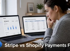 A Shopify store owner compares payment processing costs across two laptop screens while working out her Stripe vs Shopify Payments fees.