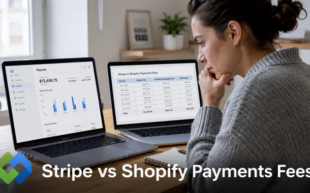 A Shopify store owner compares payment processing costs across two laptop screens while working out her Stripe vs Shopify Payments fees.
