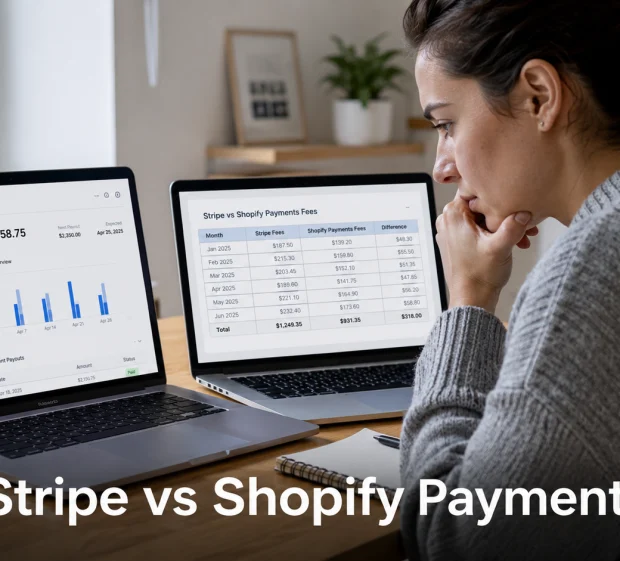 A Shopify store owner compares payment processing costs across two laptop screens while working out her Stripe vs Shopify Payments fees.