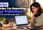 Zainab, a Karachi illustration teacher, reviews her Stripe tax reporting for Pakistan on her laptop at home.