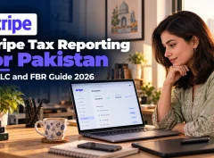 Zainab, a Karachi illustration teacher, reviews her Stripe tax reporting for Pakistan on her laptop at home.