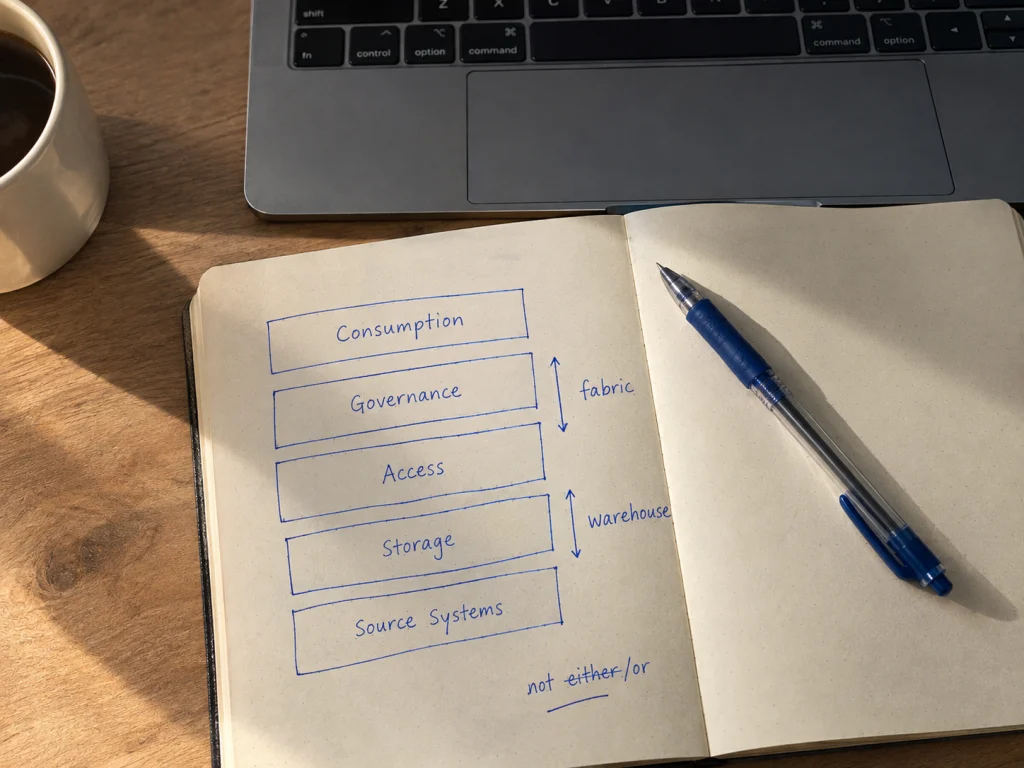 A handwritten stacked architecture diagram showing a data warehouse at the storage layer and a data fabric at the access layer, marked as not either/or.
